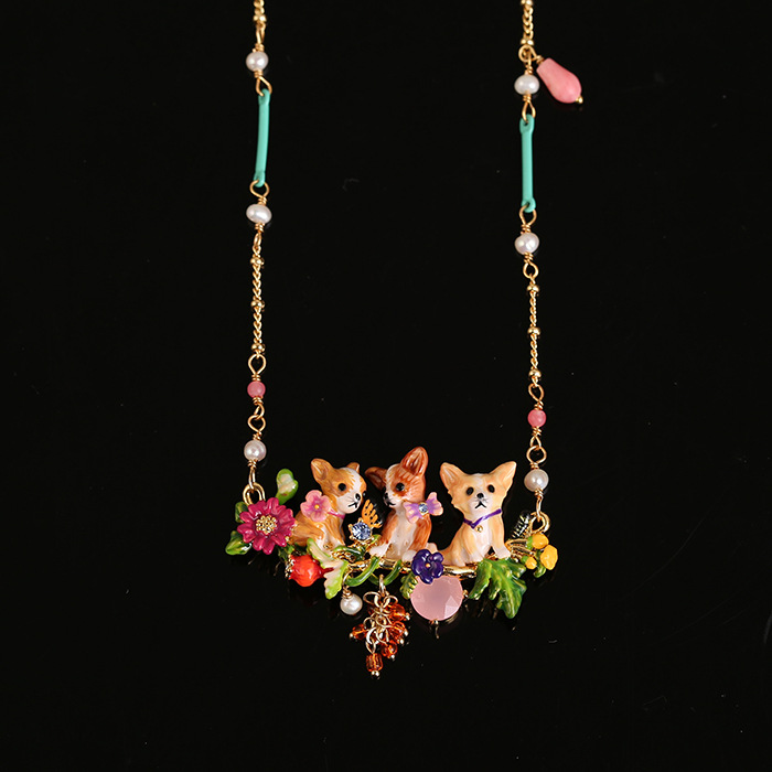 Three-dimensional exquisite enamel glaze flower gemstone Chihuahua puppy multi-tassel necklace, cute pet clavicle chain - Image 4