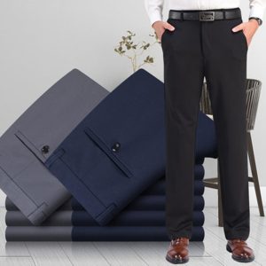 Men's business suit trousers, casual trousers, spring and summer style, thin ice silk, elastic, loose, straight leg trousers for middle-aged and elderly men.