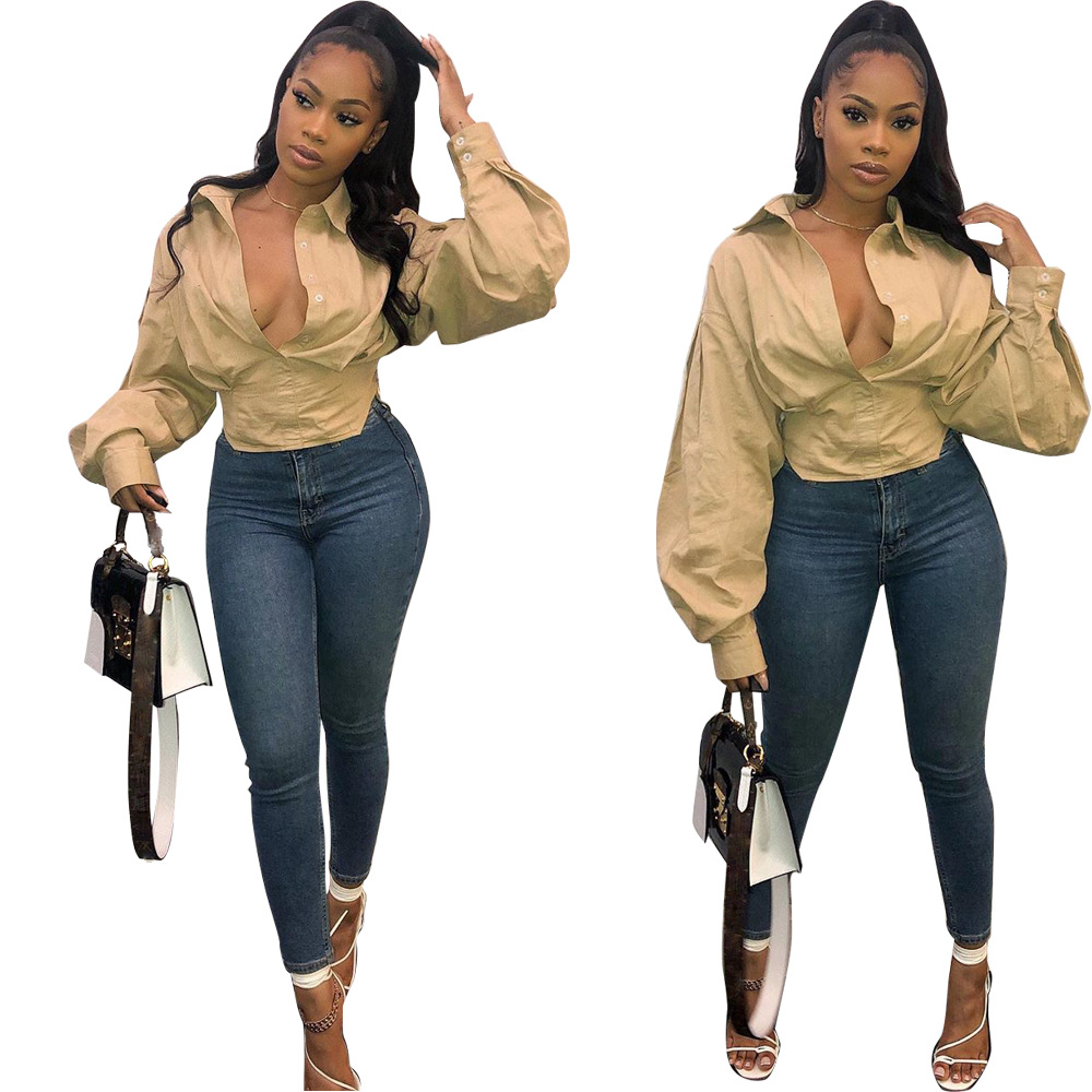 5370 Cross-border Women's Clothing Europe and America Amazon Independent Station Fashion Top Slim Temperament Solid Color Lantern Sleeve Shirt - Image 2