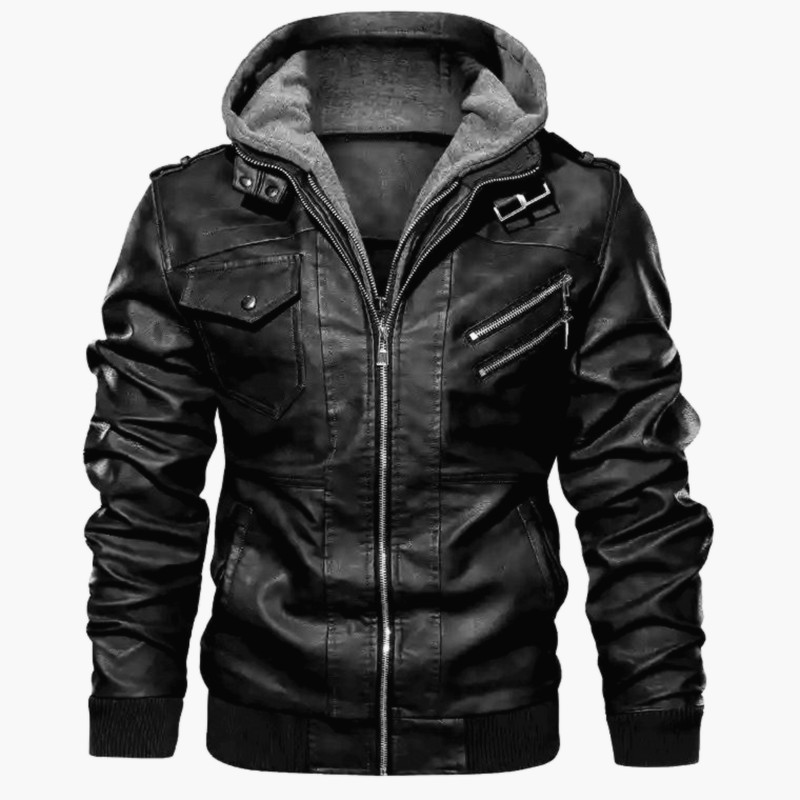 2022 spot zipper digging bag black youth lapel zipper winter straight hem hooded casual leather jacket - Image 5