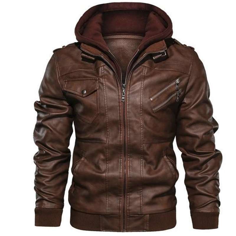 2022 spot zipper digging bag black youth lapel zipper winter straight hem hooded casual leather jacket - Image 4