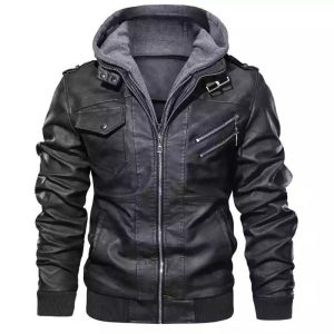 2022 spot zipper digging bag black youth lapel zipper winter straight hem hooded casual leather jacket