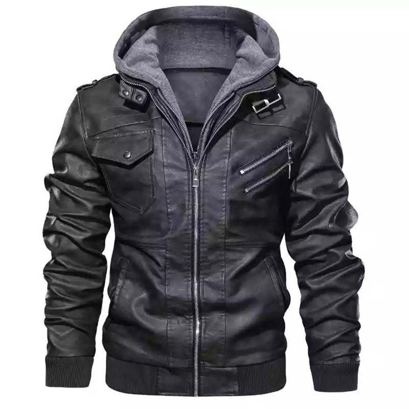 2022 spot zipper digging bag black youth lapel zipper winter straight hem hooded casual leather jacket