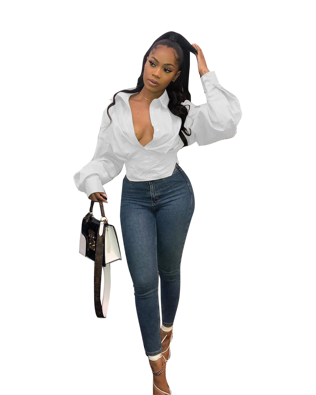 5370 Cross-border Women's Clothing Europe and America Amazon Independent Station Fashion Top Slim Temperament Solid Color Lantern Sleeve Shirt - Image 7