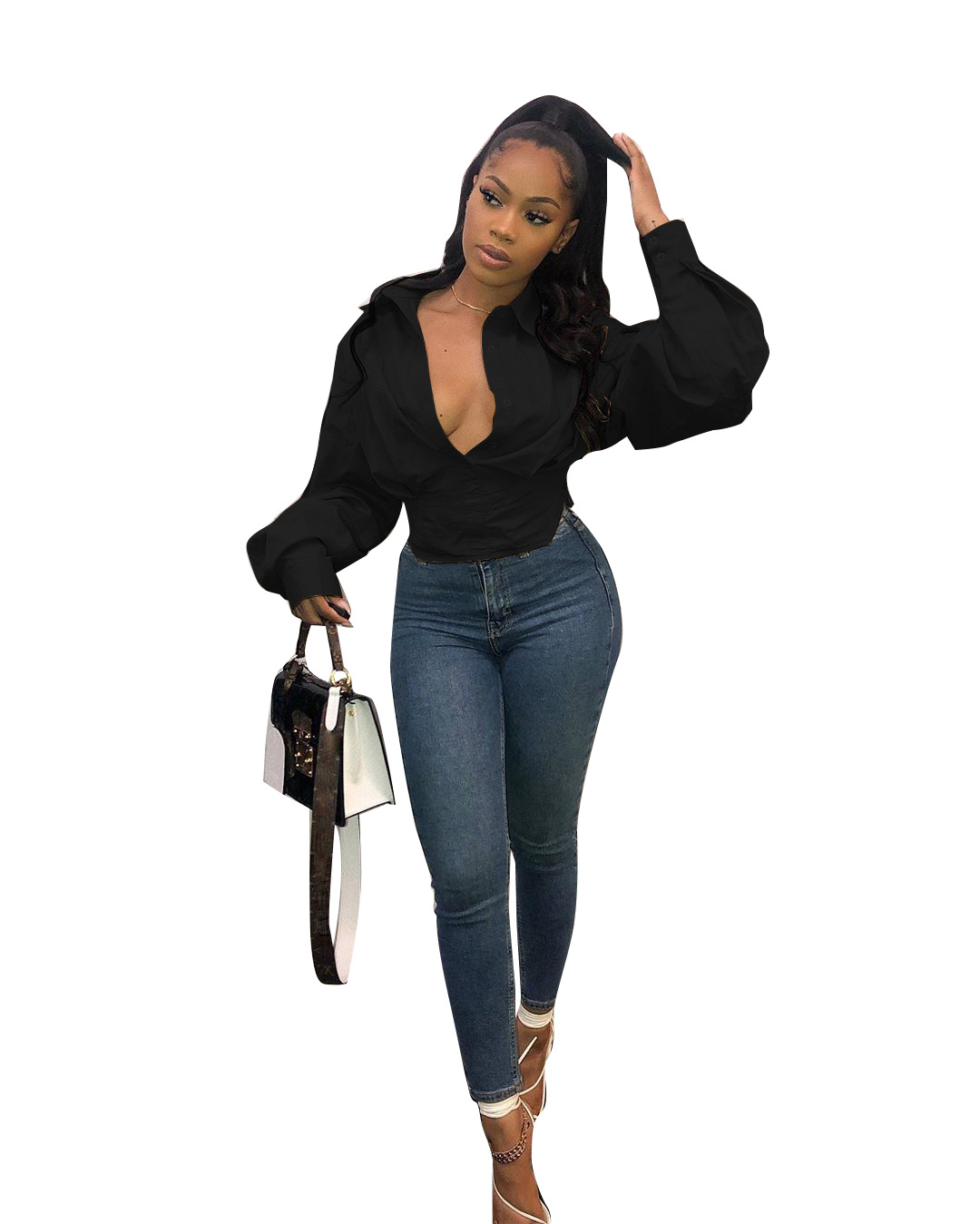 5370 Cross-border Women's Clothing Europe and America Amazon Independent Station Fashion Top Slim Temperament Solid Color Lantern Sleeve Shirt - Image 5