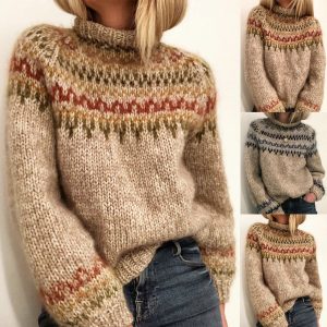 European and American women's winter eBay sweater half turtleneck pullover straight tube printed neutral style sweater