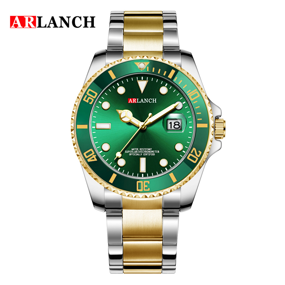 Green gold stainless steel belt watch students waterproof luminous watch sports and leisure calendar with the same men's watch - Image 4