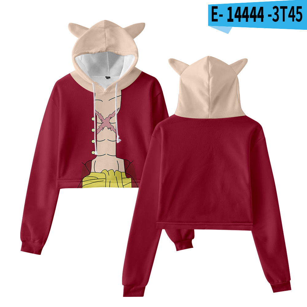 Cross-border new style One Piece character suit peripheral anime cartoon cute and sweet navel-baring cat ears sweatshirt for women - Image 15