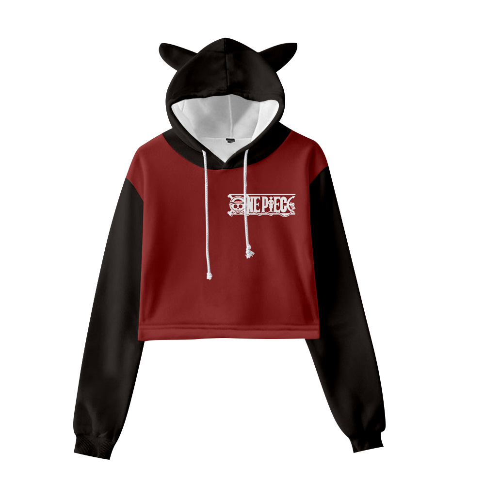 Cross-border new style One Piece character suit peripheral anime cartoon cute and sweet navel-baring cat ears sweatshirt for women - Image 4