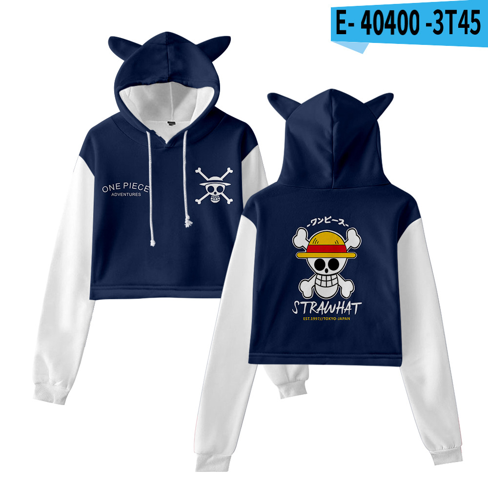 Cross-border new style One Piece character suit peripheral anime cartoon cute and sweet navel-baring cat ears sweatshirt for women - Image 5