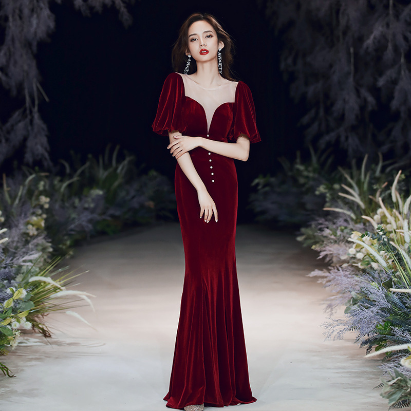 Evening dress skirt for women 2023 new style fishtail long banquet temperament burgundy velvet wedding toast dress bride - Image 8