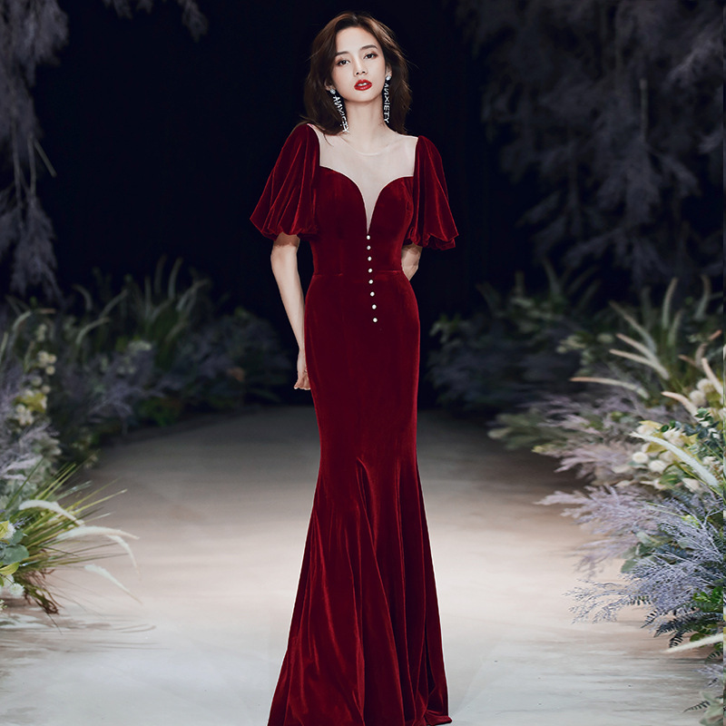 Evening dress skirt for women 2023 new style fishtail long banquet temperament burgundy velvet wedding toast dress bride - Image 4