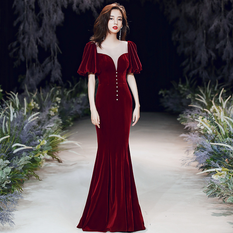 Evening dress skirt for women 2023 new style fishtail long banquet temperament burgundy velvet wedding toast dress bride - Image 2