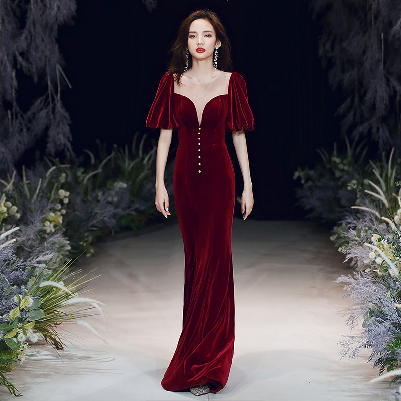 Evening dress skirt for women 2023 new style fishtail long banquet temperament burgundy velvet wedding toast dress bride - Image 6