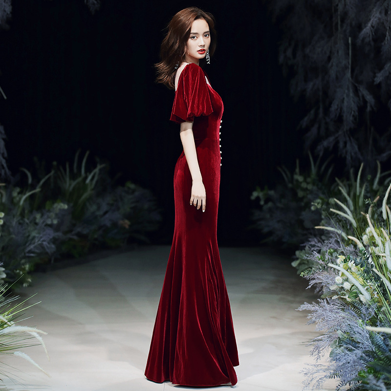Evening dress skirt for women 2023 new style fishtail long banquet temperament burgundy velvet wedding toast dress bride - Image 7
