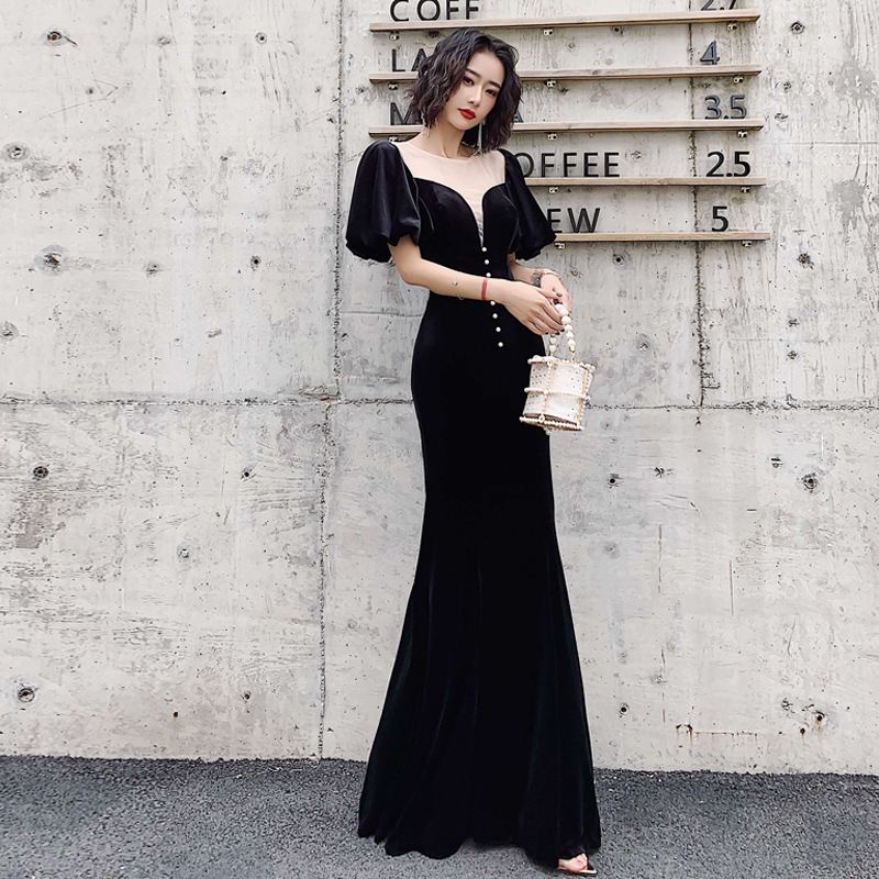 Evening dress skirt for women 2023 new style fishtail long banquet temperament burgundy velvet wedding toast dress bride - Image 3