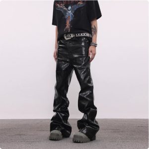 BTSG American vintage high street RO style coated waxed glossy leather trousers tide loose dragging floor micro jeans
