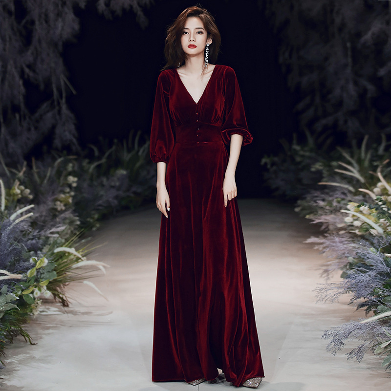 Evening dress skirt for women 2023 new style fishtail long banquet temperament burgundy velvet wedding toast dress bride - Image 9