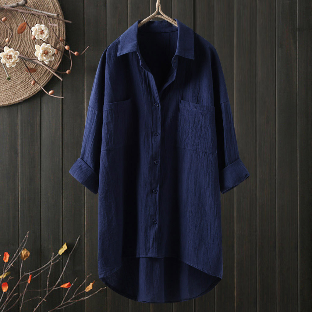 Japanese and Korean new women's casual style solid color shirt autumn cotton linen cardigan double pocket long-sleeved top - Image 4