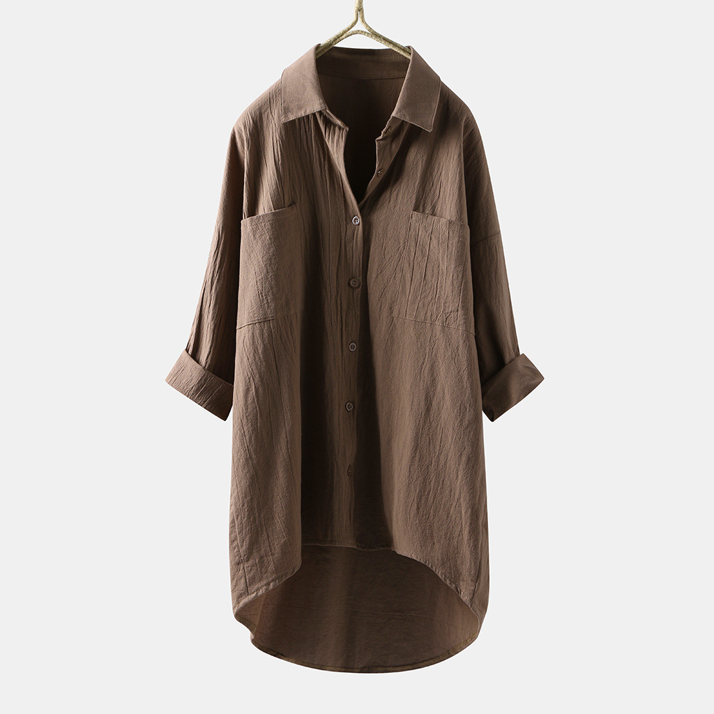 Japanese and Korean new women's casual style solid color shirt autumn cotton linen cardigan double pocket long-sleeved top - Image 3
