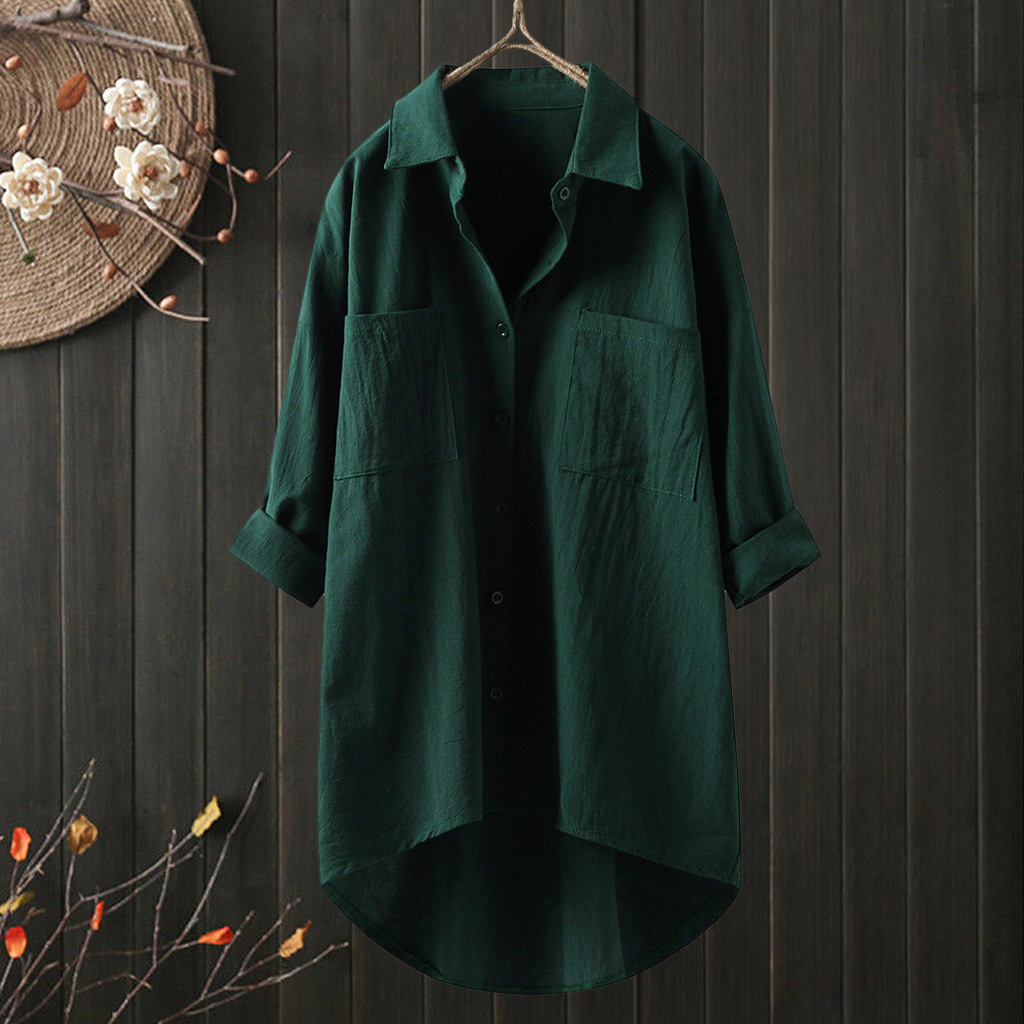 Japanese and Korean new women's casual style solid color shirt autumn cotton linen cardigan double pocket long-sleeved top - Image 11