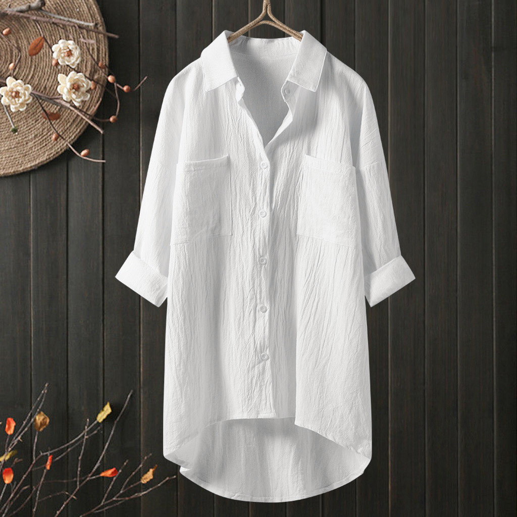Japanese and Korean new women's casual style solid color shirt autumn cotton linen cardigan double pocket long-sleeved top - Image 6