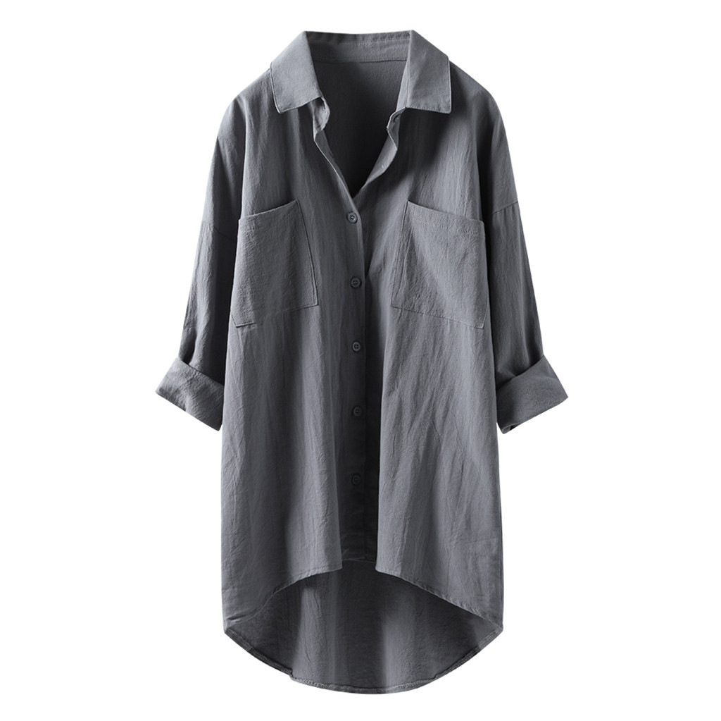 Japanese and Korean new women's casual style solid color shirt autumn cotton linen cardigan double pocket long-sleeved top - Image 10