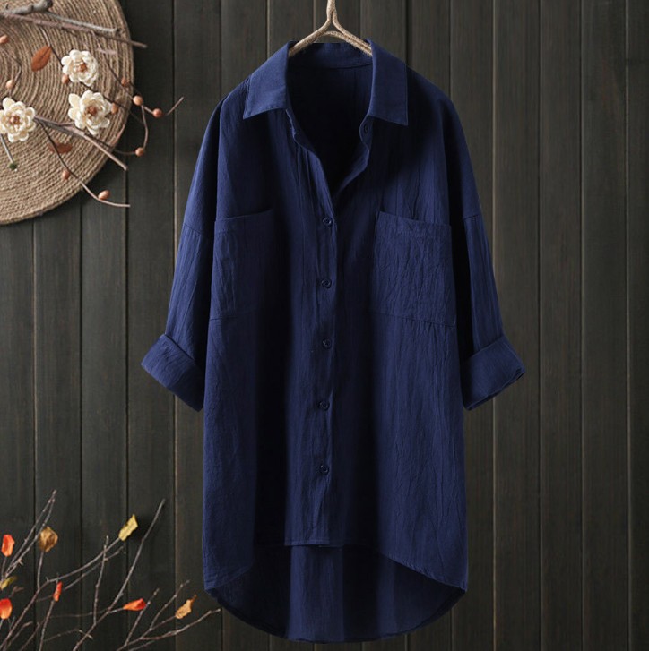 Japanese and Korean new women's casual style solid color shirt autumn cotton linen cardigan double pocket long-sleeved top - Image 2