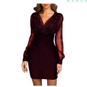 2022 European and American mesh V-neck sequined dress slim sexy dress ready for sale 0.22g