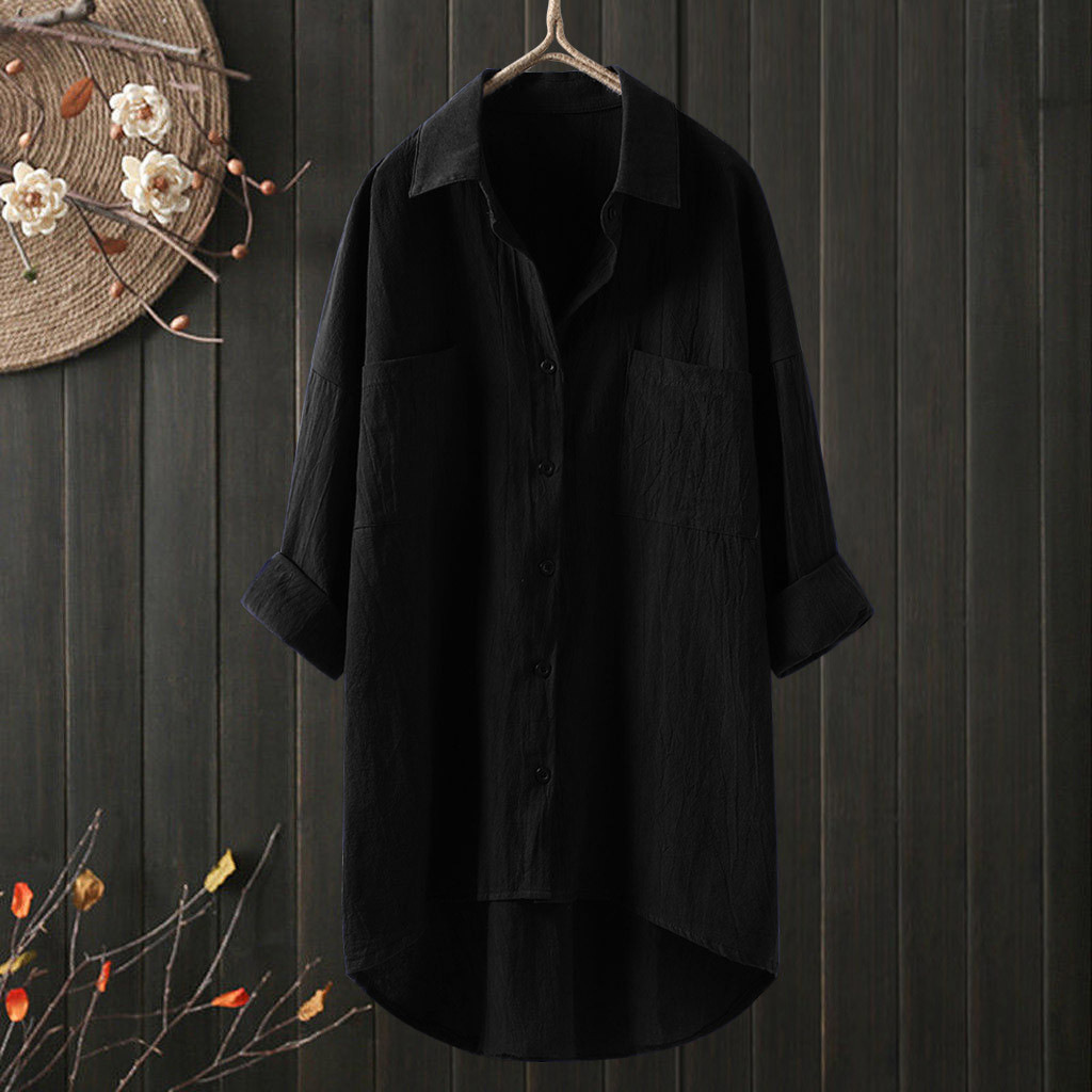 Japanese and Korean new women's casual style solid color shirt autumn cotton linen cardigan double pocket long-sleeved top - Image 9