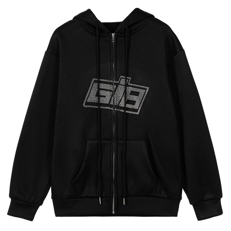 European and American style foreign trade 2021 autumn and winter new hoodie round neck loose letter hot drilling zipper cardigan sweater plus velvet - Image 2