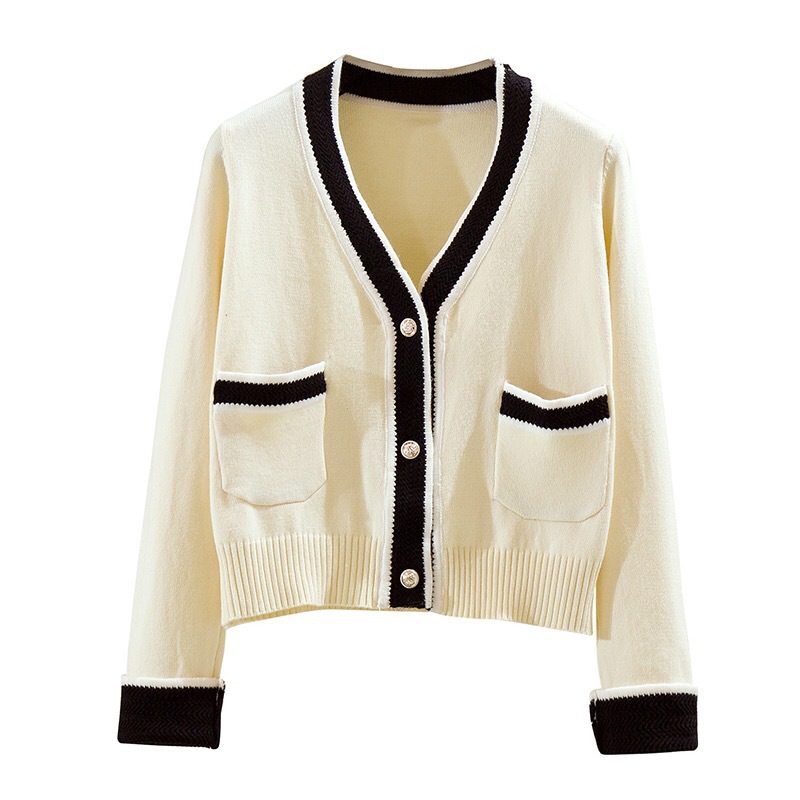 2020 early autumn Korean version of small fragrance style contrast color V-neck cardigan single-breasted short knit sweater women's sweater jacket - Image 8