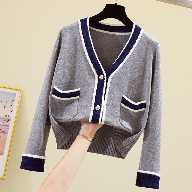 2020 early autumn Korean version of small fragrance style contrast color V-neck cardigan single-breasted short knit sweater women's sweater jacket - Image 3