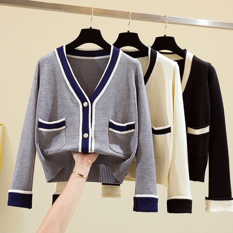 2020 early autumn Korean version of small fragrance style contrast color V-neck cardigan single-breasted short knit sweater women's sweater jacket - Image 2