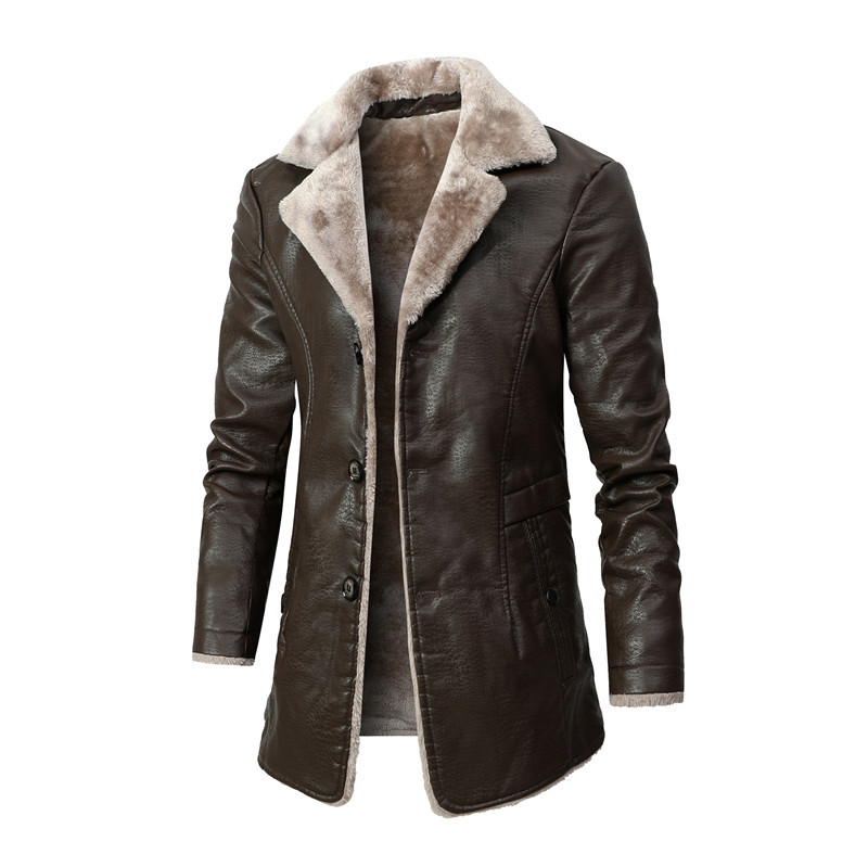 Men's mid-length leather jacket middle-aged and elderly autumn and winter business European size plus velvet large lapel suit fur plush jacket men - Image 7