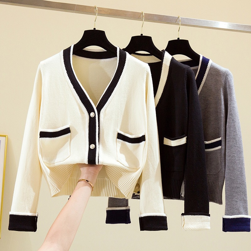 2020 early autumn Korean version of small fragrance style contrast color V-neck cardigan single-breasted short knit sweater women's sweater jacket - Image 9