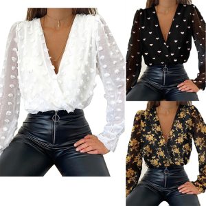 Cross-border 2020 European and American new women's white jacquard deep V long-sleeved chiffon shirt