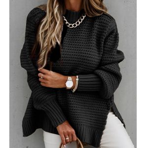 2020 winter new European and American women's wish ebay half high neck solid color drawstring side slit knit sweater