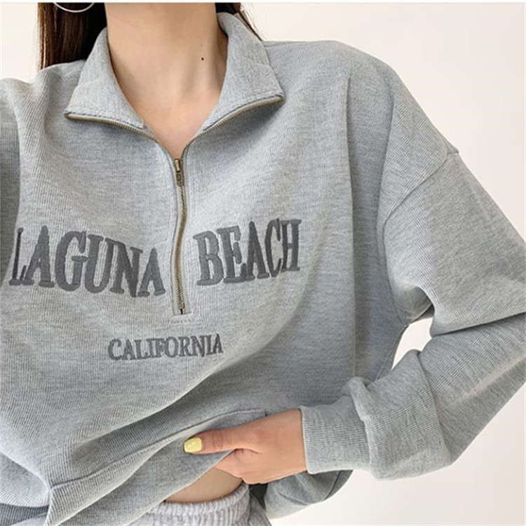 BM style student pullover sweater women loose lapel zipper letter embroidery coat autumn and winter college style jacket - Image 3