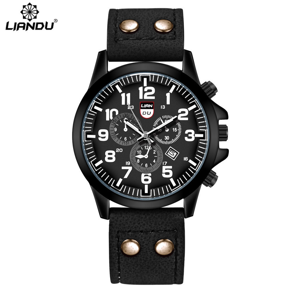 LIANDU Casual Men's Quartz Watch Fake Three Eyes Fashion Calendar Watch Double Stud PU Men's Watch Wholesale - Image 5