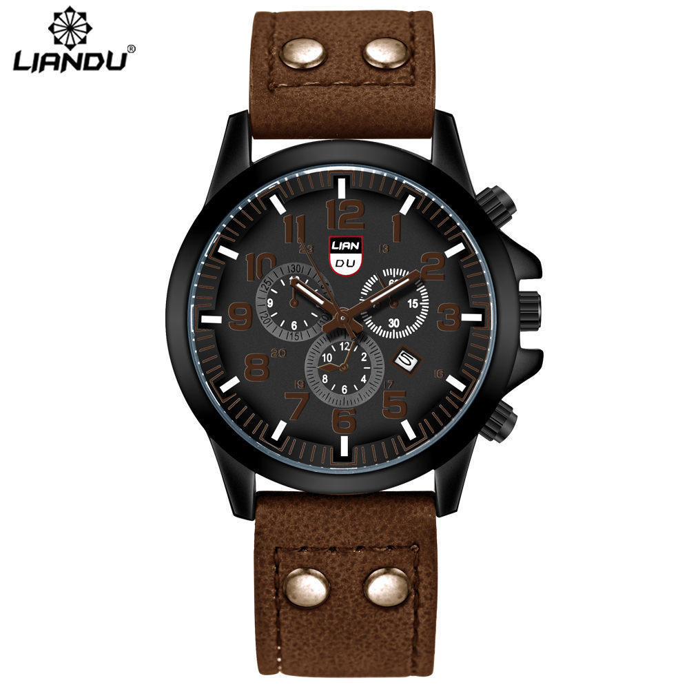 LIANDU Casual Men's Quartz Watch Fake Three Eyes Fashion Calendar Watch Double Stud PU Men's Watch Wholesale - Image 3
