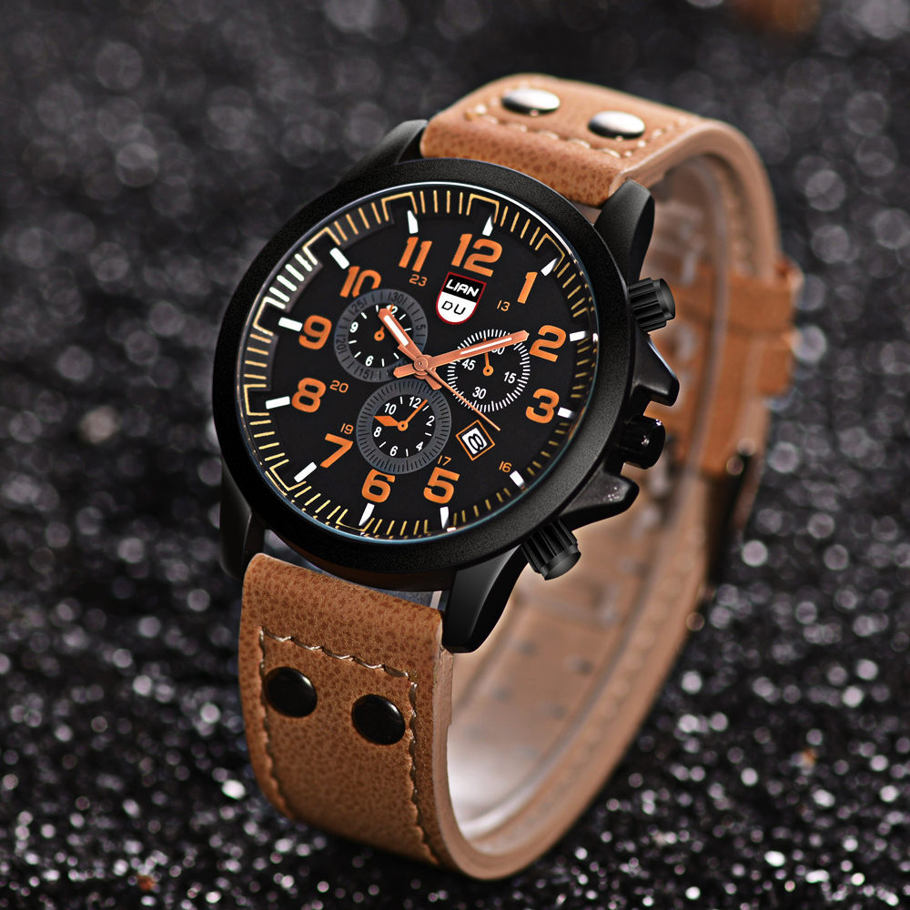 LIANDU Casual Men's Quartz Watch Fake Three Eyes Fashion Calendar Watch Double Stud PU Men's Watch Wholesale - Image 7