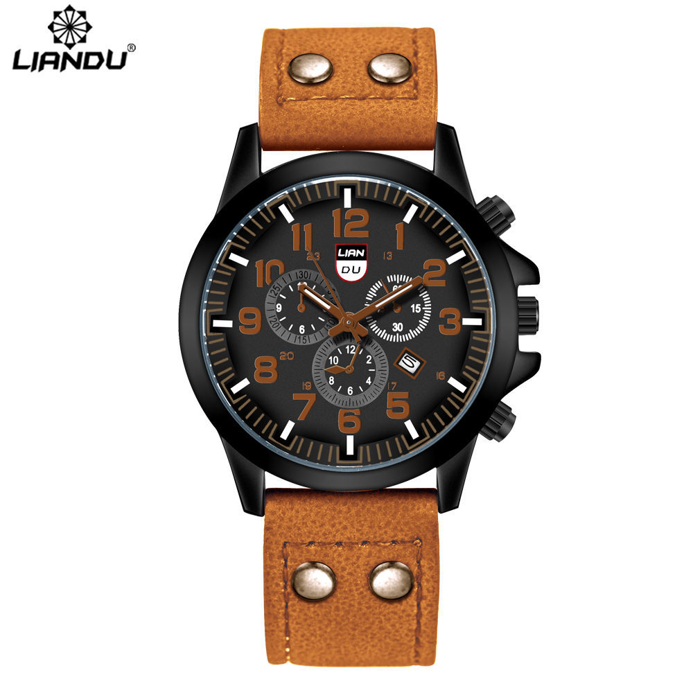 LIANDU Casual Men's Quartz Watch Fake Three Eyes Fashion Calendar Watch Double Stud PU Men's Watch Wholesale - Image 9