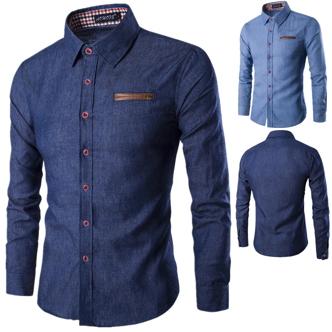 Foreign trade AliExpress men's pocket leather long-sleeved shirt denim shirt YN13 - Image 4
