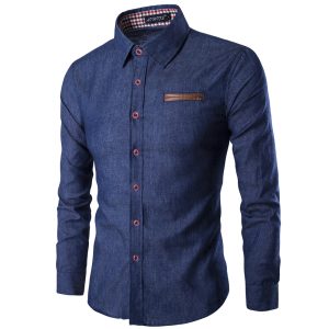 Foreign trade AliExpress men's pocket leather long-sleeved shirt denim shirt YN13