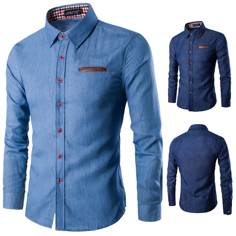 Foreign trade AliExpress men's pocket leather long-sleeved shirt denim shirt YN13 - Image 3