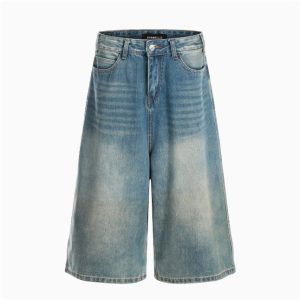BLAEXIT American do old washed vintage blue denim seven trousers men's summer vintage loose wide leg shorts