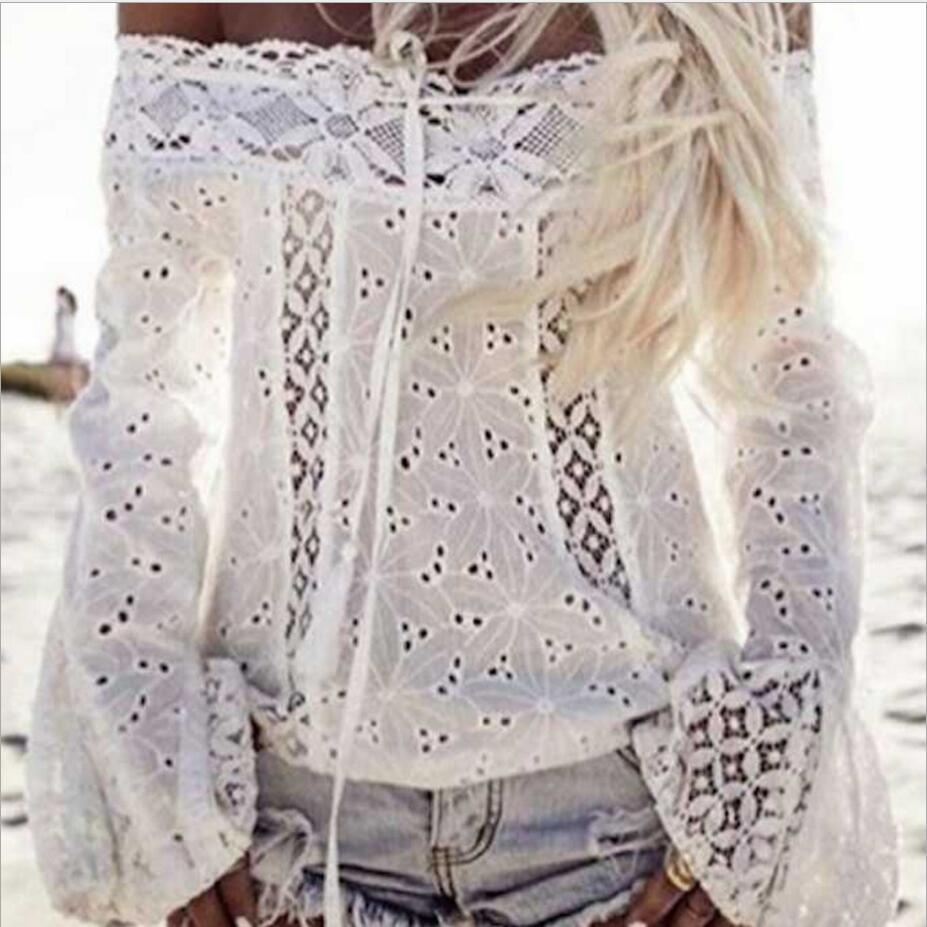 White one-shoulder flared sleeve lace top Off-the-shoulder fringed lace stitching top in stock - Image 3