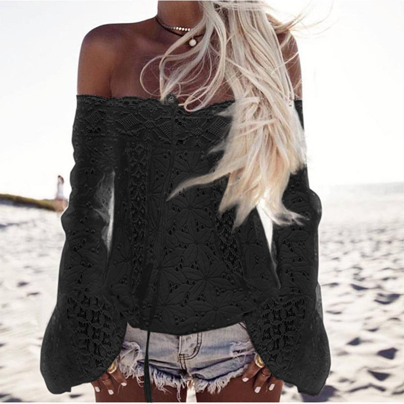 White one-shoulder flared sleeve lace top Off-the-shoulder fringed lace stitching top in stock - Image 4
