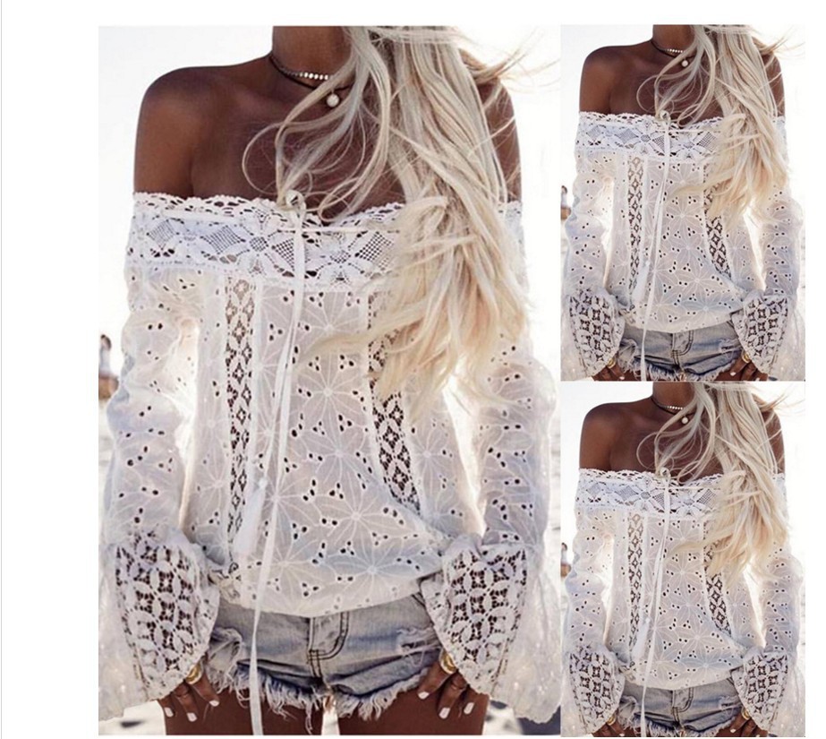 White one-shoulder flared sleeve lace top Off-the-shoulder fringed lace stitching top in stock - Image 2